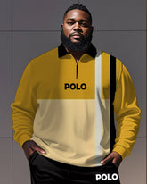 Men's Simple Yellow Stripe Alphabet Print Polo Shirt Zipper Pants Suit